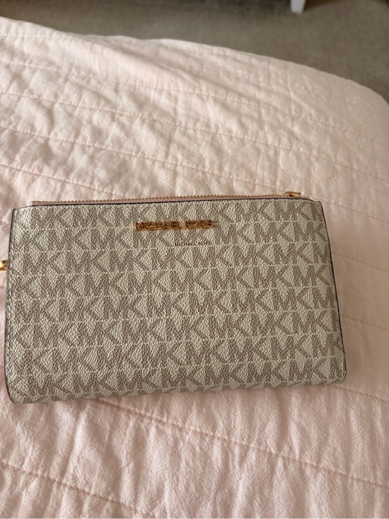 Michael Kors Handbags - Michael Kors Beige Logo Zip Wristlet with Gold Hardware